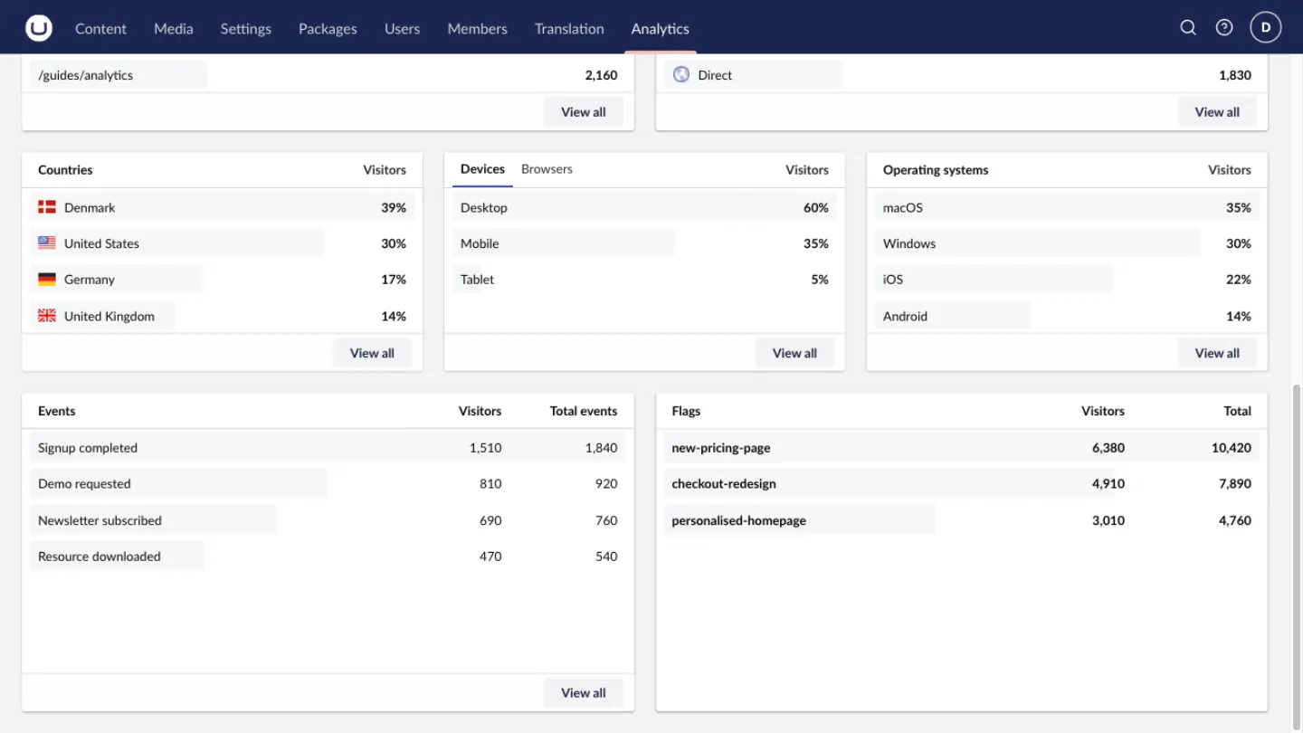 Audience, events, and feature-flag panels