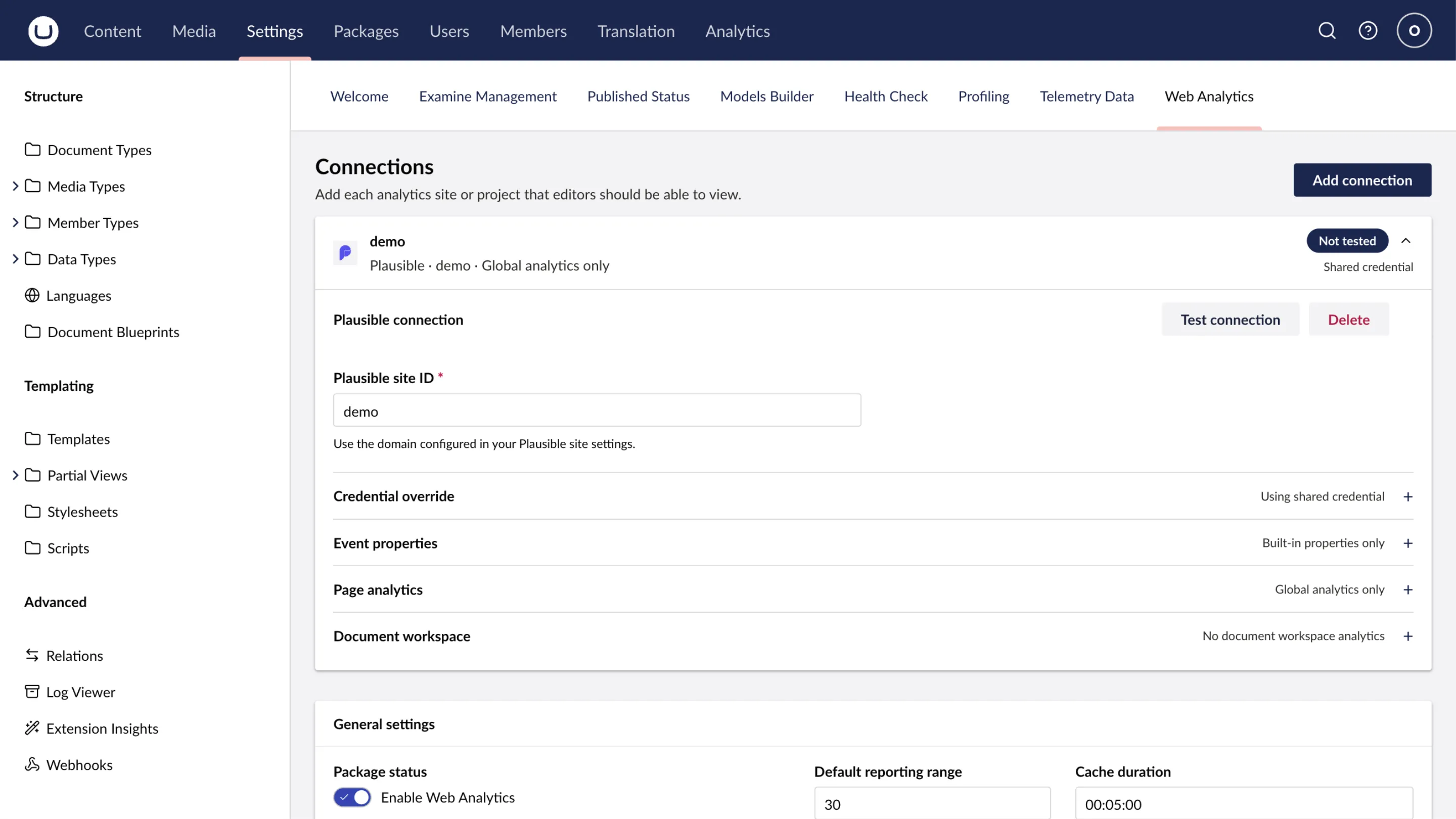 A Plausible connection in the Web Analytics settings screen
